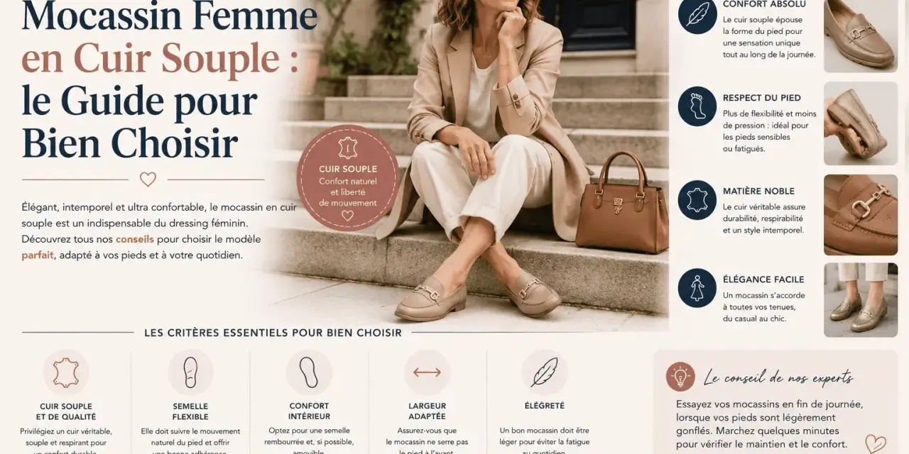 Une femme élégante porte un type de mocassin en cuir souple, parfait pour le confort et le style au quotidien.
