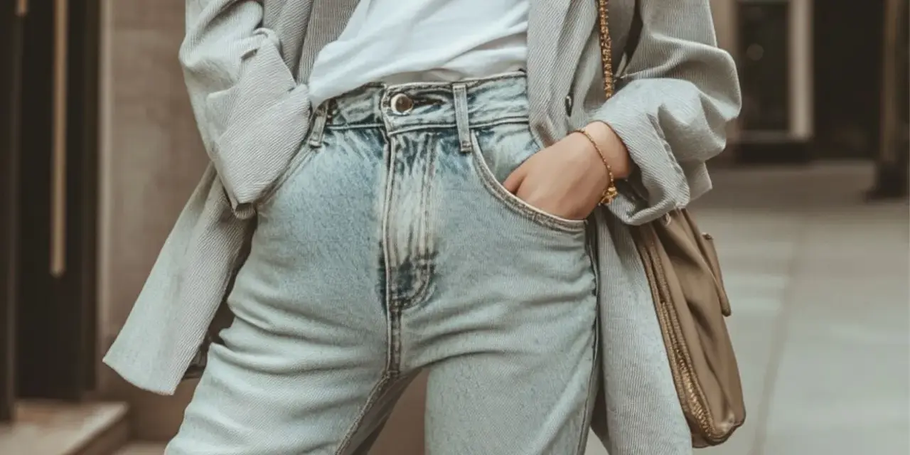 Un blazer gris rayé sur un t-shirt blanc et un **outfit jean bleu** décontracté, avec un sac bandoulière kaki.