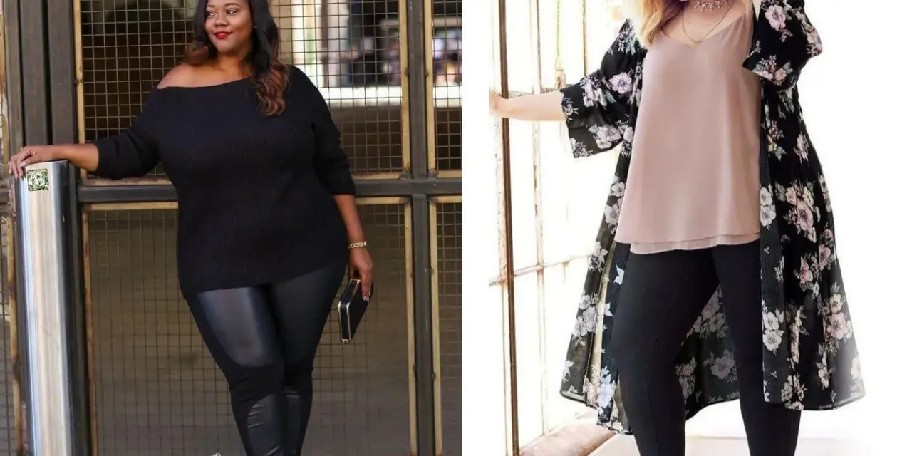 Deux femmes portent une tenue avec legging noir. L'une est en pull noir épaules dénudées, l'autre en top nude et kimono fleuri.