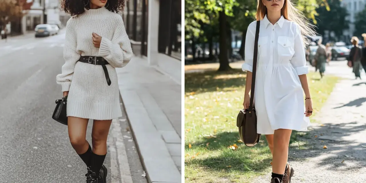 Deux femmes portent une robe avec bottes. L'une, en robe pull crème, arbore des bottes noires lacées. L'autre, en robe chemise blanche, porte des bottes marron.