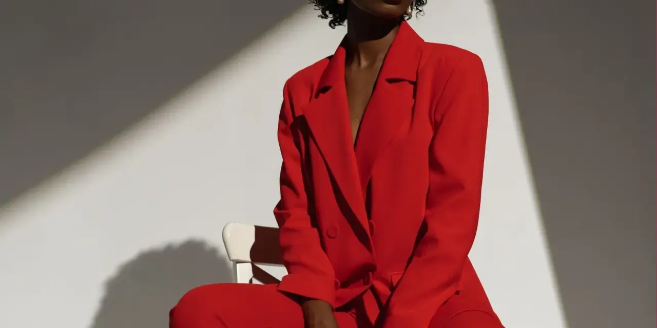 Une femme porte un tailleur pantalon rouge vif, un exemple parfait de comment porter un blazer rouge femme avec assurance.