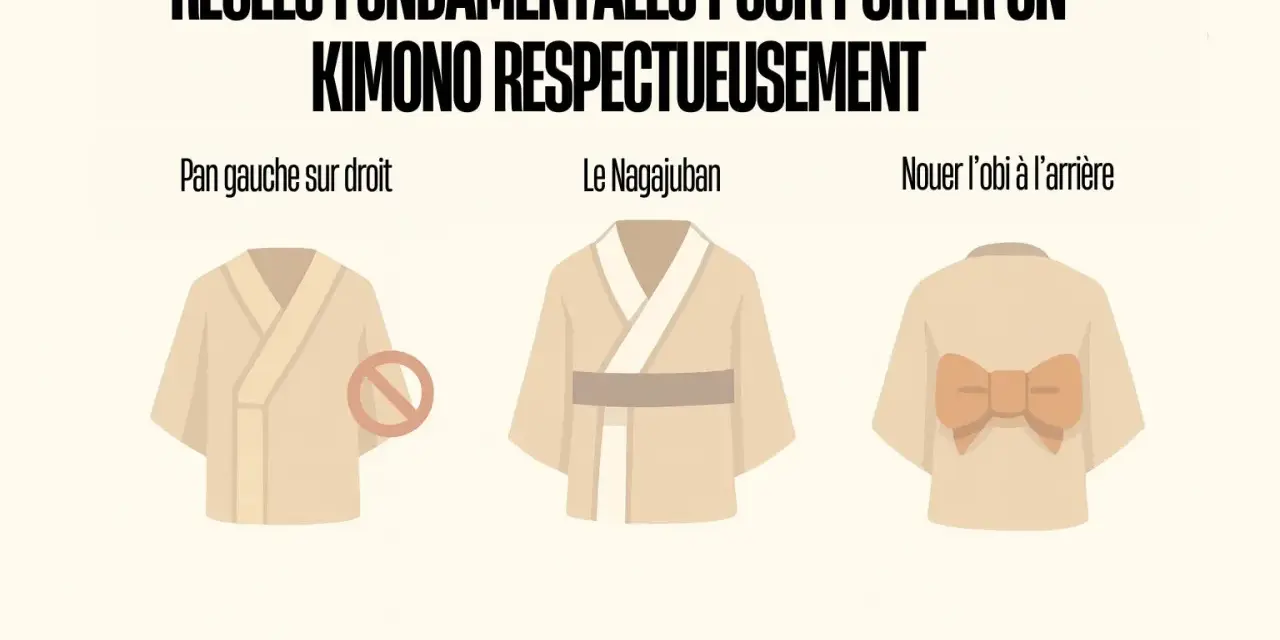 Illustration montrant comment porter un kimono court : le pan gauche sur le droit, le nagajuban, et l'obi noué à l'arrière.