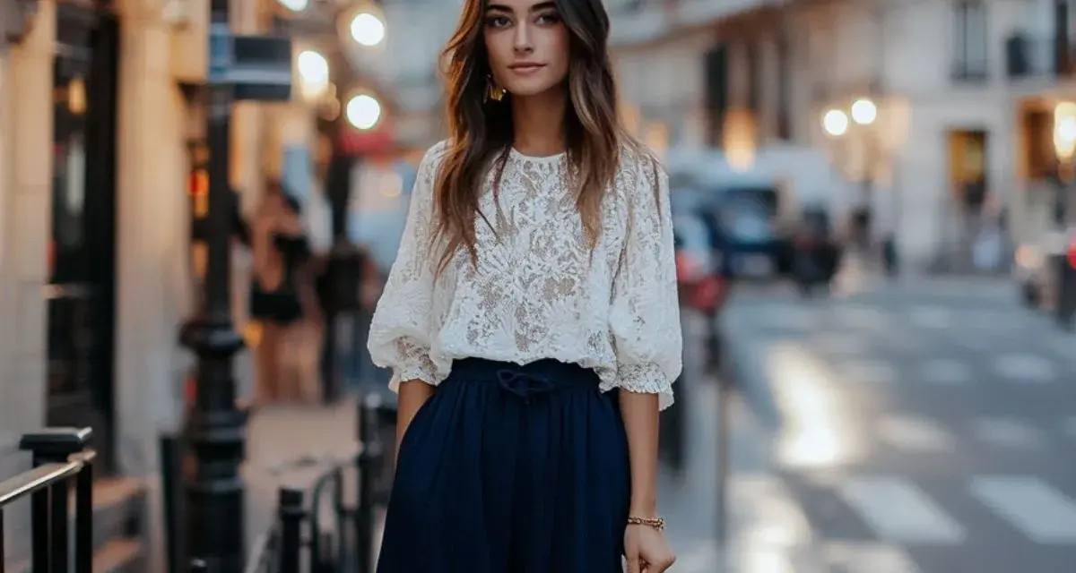 Une femme élégante porte un haut en dentelle blanche avec un pantalon bleu marine. Une tenue parfaite pour savoir que mettre avec un pantalon bleu marine.