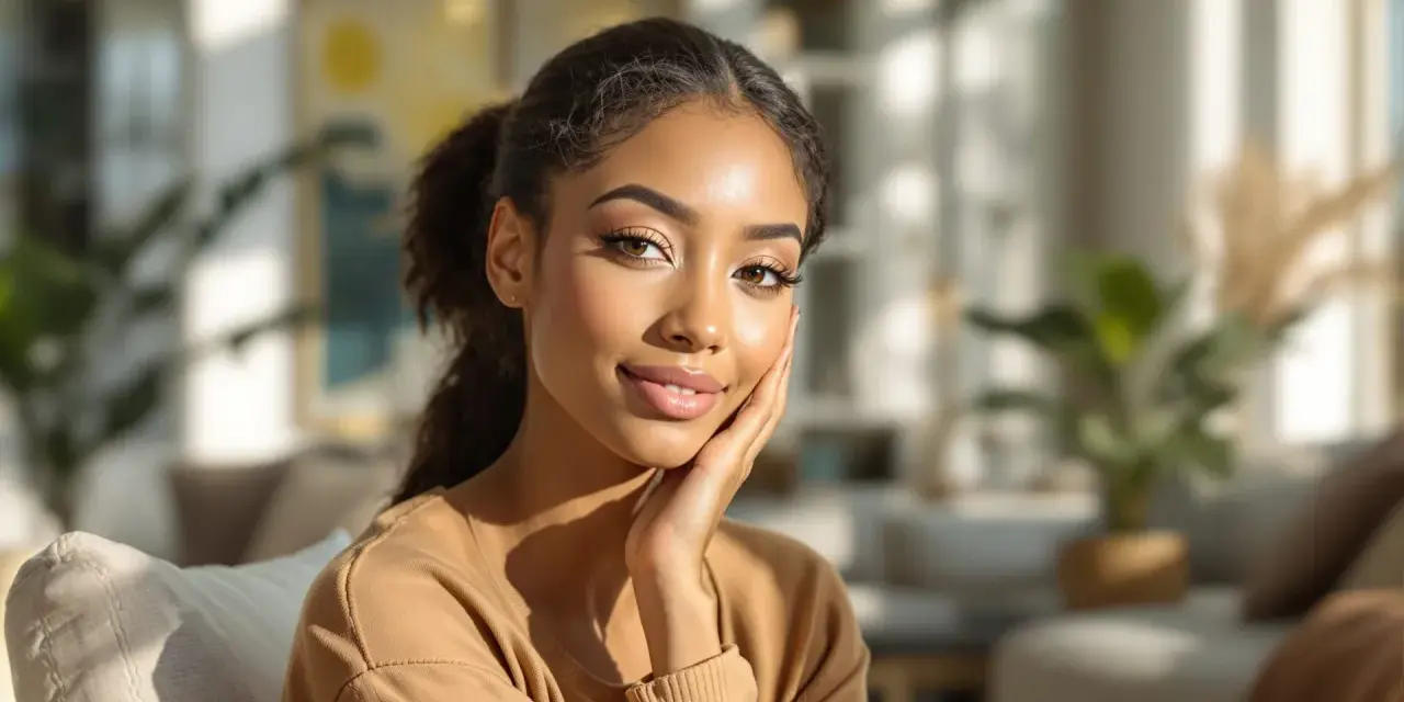 Jeune femme au teint hâlé, peau claire, mise en valeur par une colorimétrie brune. Elle pose tendrement sa main sur sa joue, un sourire doux aux lèvres.