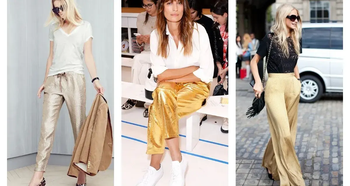 Trois femmes portent des pantalons dorés. Quelle couleur va avec le doré vêtement ? Le blanc, le noir et le camel sont de bonnes options.