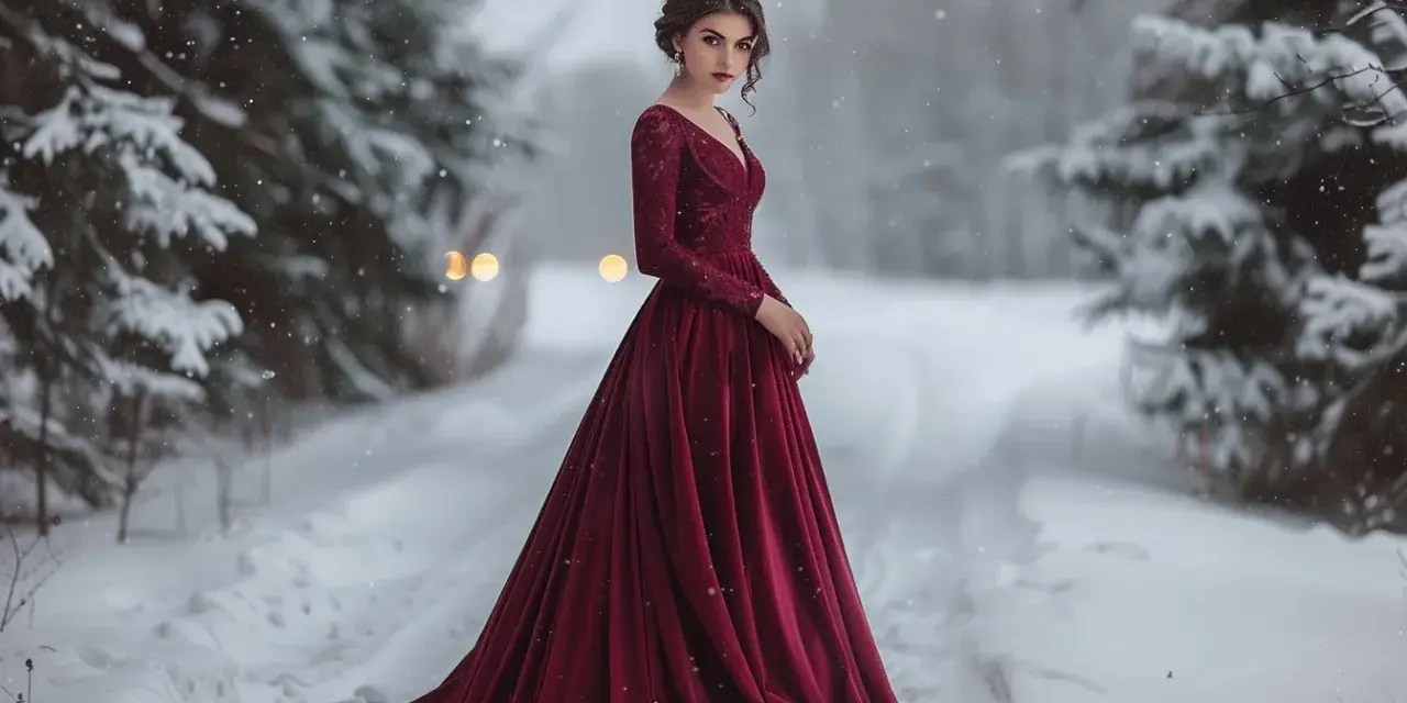 Une femme en robe bordeaux élégante dans un paysage enneigé. Idée pour un mariage en hiver comment s'habiller.