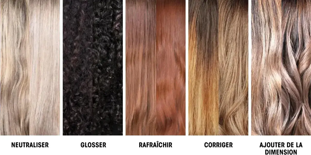 Comparaison de la colorimétrie cheveux : neutraliser, glosser, rafraîchir, corriger et ajouter de la dimension avec Redken Shades EQ Gloss.