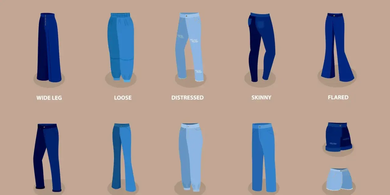 Illustration de divers types de jeans : coupe large, ample, déchiré, skinny, évasé, mom, bootcut, boyfriend, droit et shorts. Chaque forme jean est présentée.
