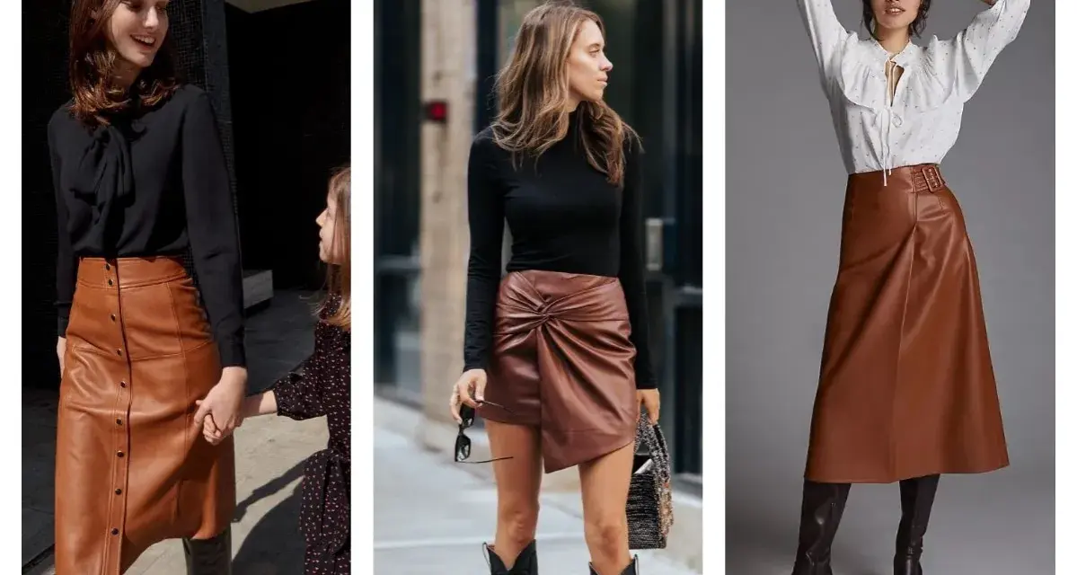 Trois femmes portent des jupes marron en cuir, de styles variés, avec des hauts noirs ou blancs et des bottes.