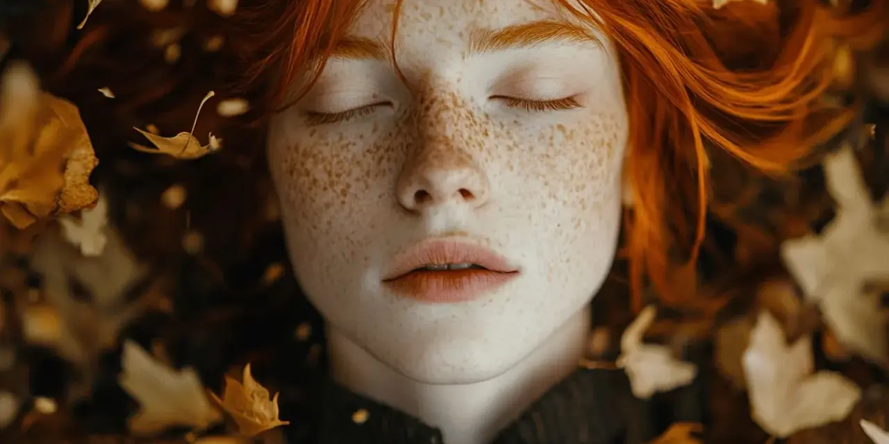 Une rousse aux taches de rousseur, entourée de feuilles d'automne. Quelle couleur pour les rousses ? La nature répond avec cette palette chaleureuse.