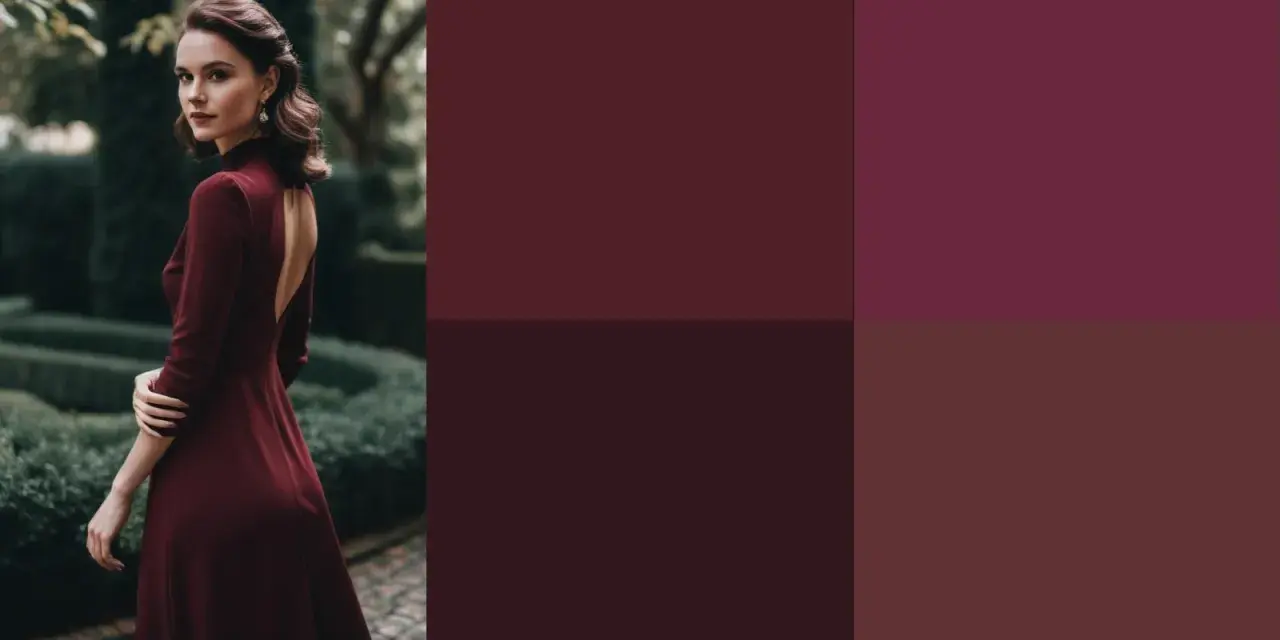 Une femme élégante porte une robe bordeaux. L'image suggère quelle couleur associer avec une robe bordeau pour un look sophistiqué.