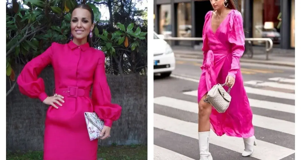 Deux femmes portent des robes rose fuchsia. L'une est ceinturée, l'autre drapée. Les couleurs qui vont avec le rose fuchsia sont le blanc et l'argenté, comme le montrent leurs accessoires.