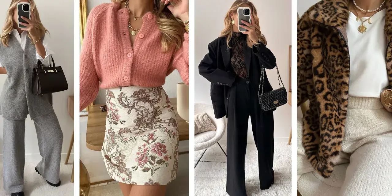 Idées de tenues pour Noël : tailleur gris, robe fleurie rose, tailleur noir chic, ou manteau léopard.