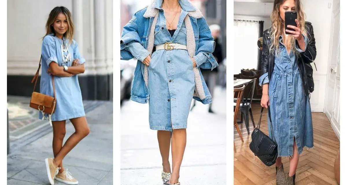 Trois femmes portent une robe en jean. La première avec des baskets, la deuxième avec une veste en jean doublée et la troisième avec une veste en cuir.