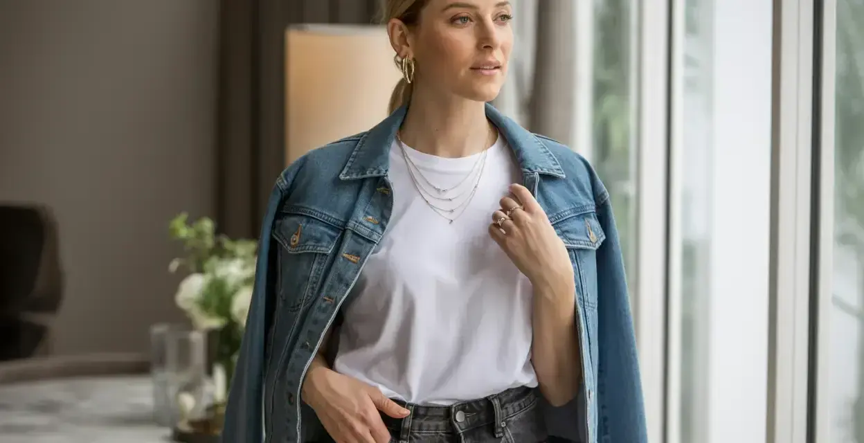 Une femme porte une veste en jean bleue sur un t-shirt blanc et un jean gris. Elle a des colliers superposés et des bagues.