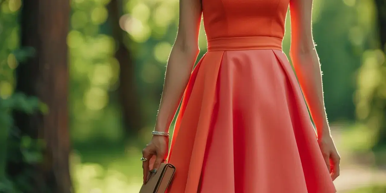 Une femme porte une robe rouge vif, parfaite pour un mariage en plein air. Elle tient un petit sac à main.