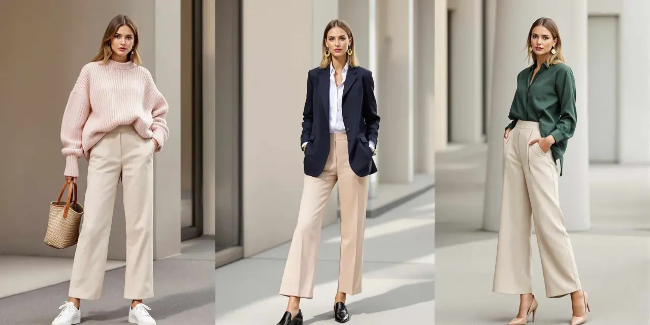 Trois femmes portent une tenue avec pantalon beige femme hiver : un pull rose, un blazer bleu marine, et une chemise verte.