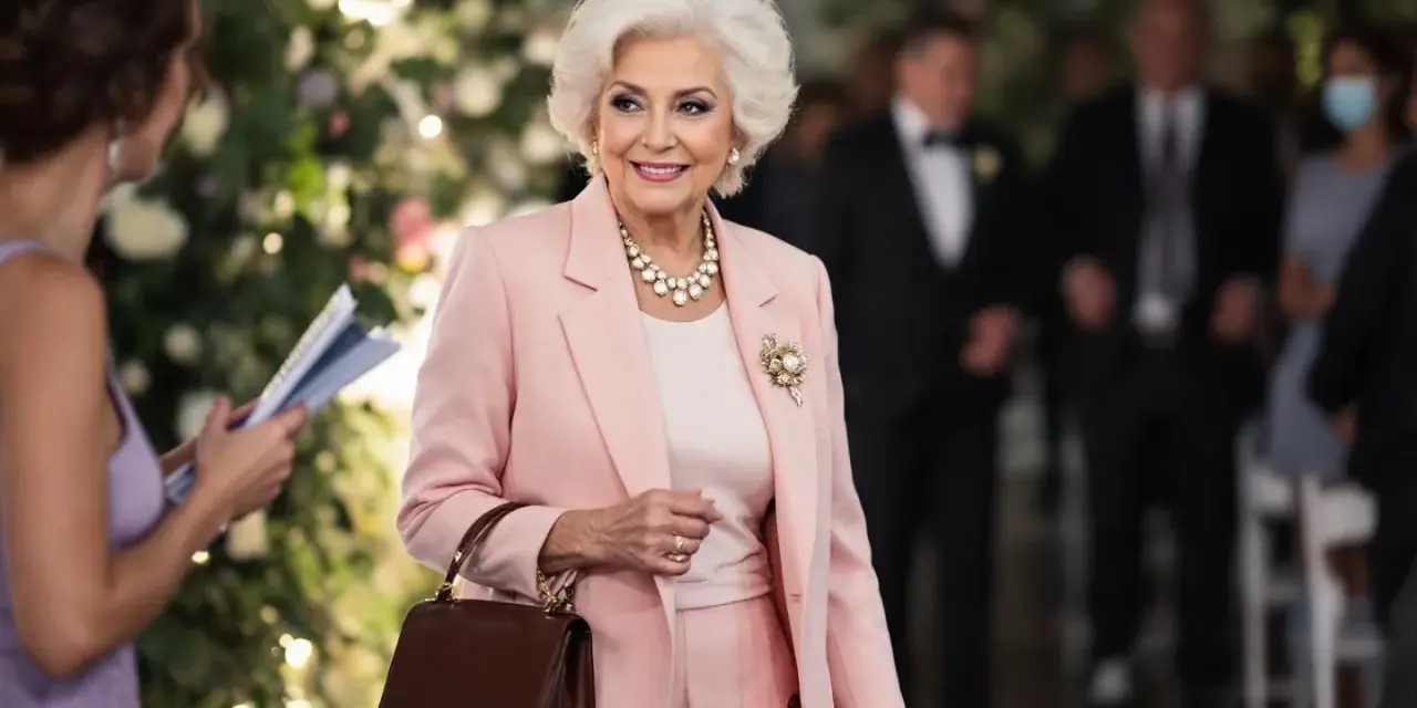 Élégante femme de 75 ans, radieuse dans sa tenue de mariage rose poudré, collier de perles et broche scintillante.