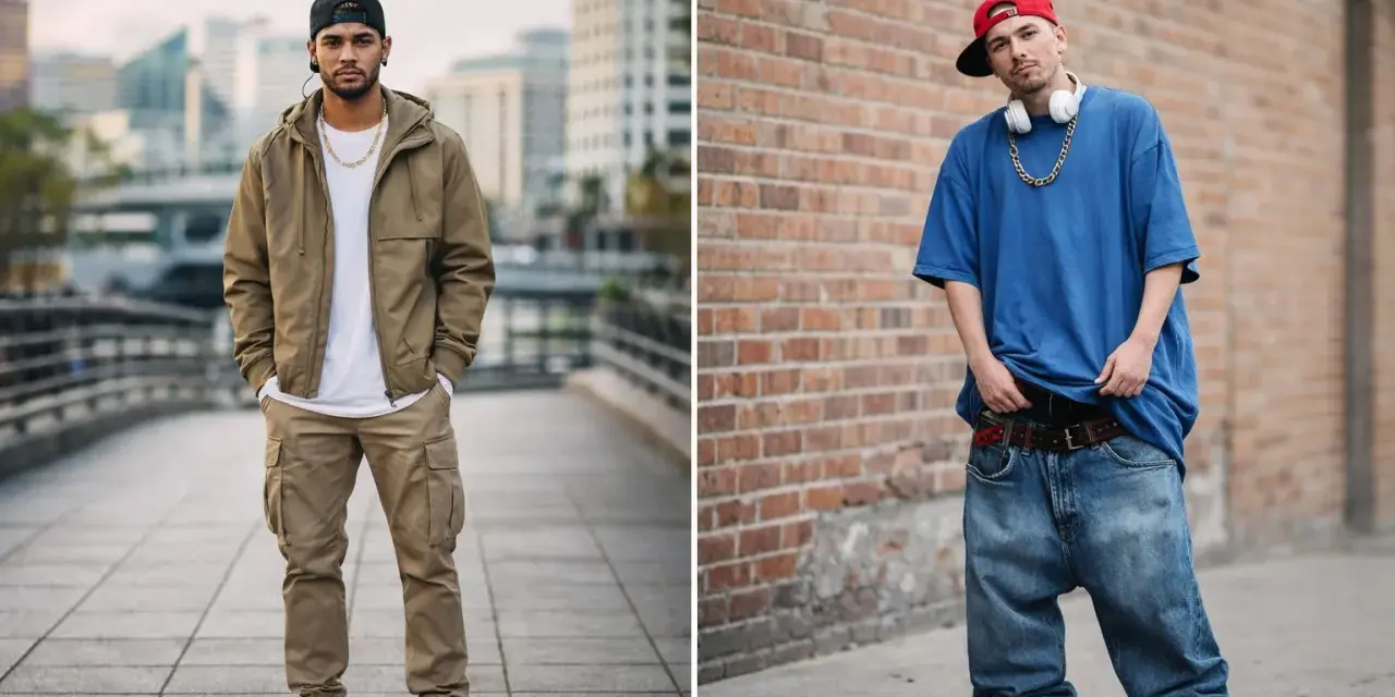 Deux hommes illustrent le style vestimentaire streetwear : l'un avec une tenue soignée, l'autre avec une allure plus décontractée.
