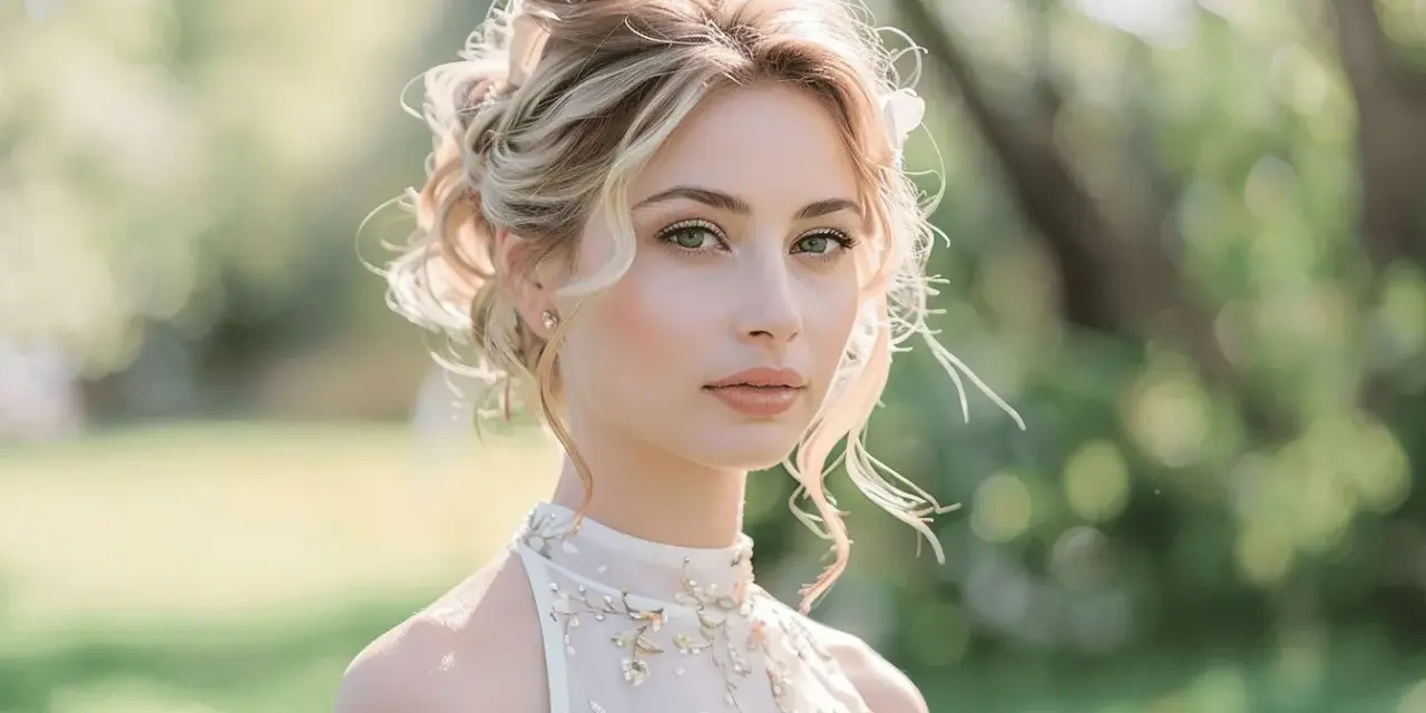Une jeune femme au chignon flou, portant une tenue mariage religieux femme ornée de fleurs et de perles, pose en extérieur.
