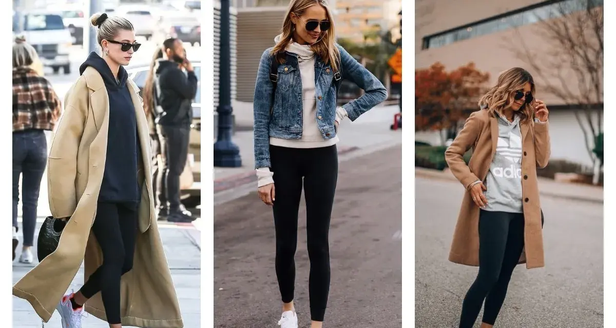 Trois femmes portent des leggings noirs avec des baskets blanches. L'une a un long manteau beige, l'autre une veste en jean, et la troisième un manteau camel.