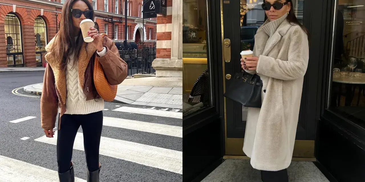 Deux femmes arborent une tenue d'hiver swag : l'une avec un blouson en cuir marron et un pull torsadé, l'autre avec un long manteau en fausse fourrure beige.