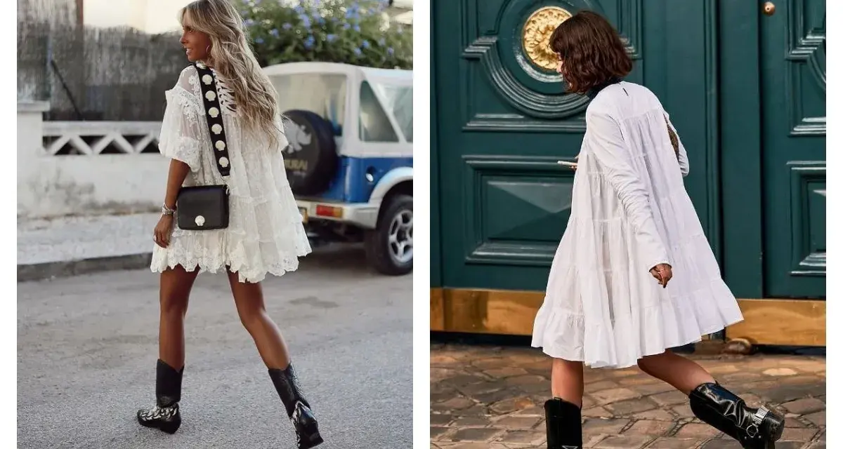 Deux femmes portent une robe blanche avec des santiags. L'une a une robe en dentelle et l'autre une robe à volants.