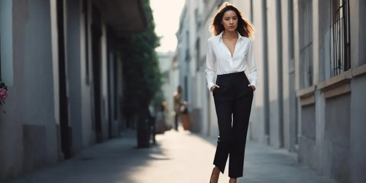 Une femme élégante marche dans une ruelle, portant une chemise blanche et un pantalon noir.