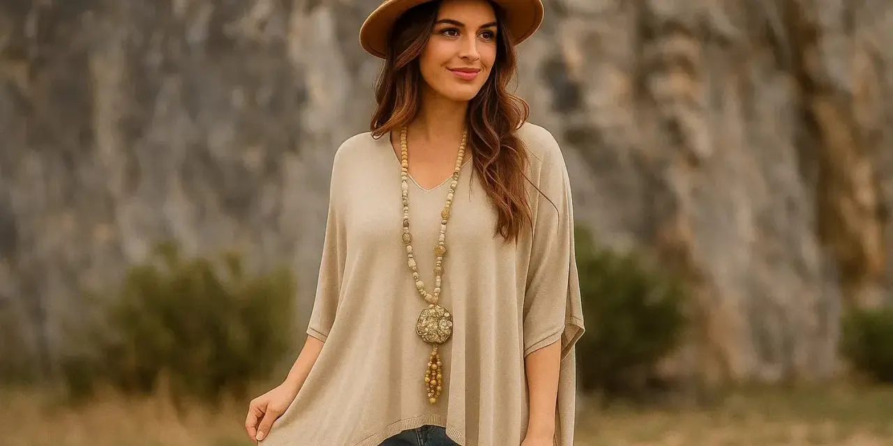 Une femme au chapeau marron, portant un poncho beige et un long collier, incarne le style bohème chic.