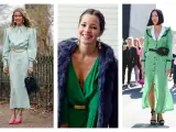 Idées pour accessoiriser une robe verte mariage : une ceinture dorée, une pochette à plumes ou une banane Gucci.