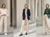 Trois femmes portent une tenue avec pantalon beige femme hiver : un pull rose, un blazer bleu marine, et une chemise verte.