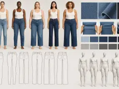Six mannequins présentent différents modèles de jeans, accompagnés d'échantillons de tissus et de croquis. Le style de jean varie, du slim au large.