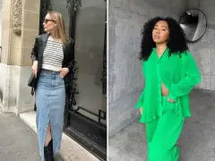 Deux femmes présentent des looks tendance pour le printemps 2026 : l'une en jupe en jean longue et blazer, l'autre en ensemble vert vif plissé.