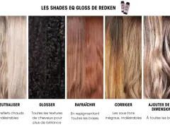 Comparaison de la colorimétrie cheveux : neutraliser, glosser, rafraîchir, corriger et ajouter de la dimension avec Redken Shades EQ Gloss.