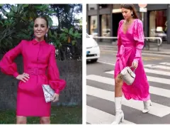 Deux femmes portent des robes rose fuchsia. L'une est ceinturée, l'autre drapée. Les couleurs qui vont avec le rose fuchsia sont le blanc et l'argenté, comme le montrent leurs accessoires.