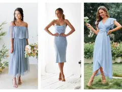 Trois femmes portent des robes bleu ciel. Laquelle de ces couleurs de chaussures irait le mieux avec une robe bleu ciel ? Des sandales nude et transparentes.