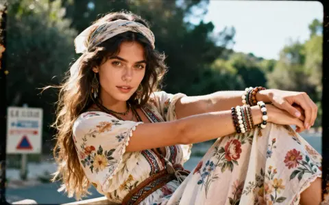 Jeune femme au style hippie Woodstock, robe fleurie, foulard, bracelets en perles, regard intense.