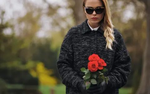 Une jeune femme, portant une tenue d'enterrement hiver, tient un bouquet de roses rouges. Ses lunettes de soleil cachent ses yeux, mais son expression est empreinte de tristesse.