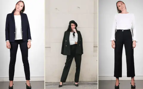 Trois femmes portent des pantalons noirs avec des chaussures élégantes. Quelle chaussure avec pantalon noir femme ? Des escarpins ou des mocassins pour un look chic.