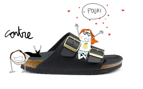 Une fille joyeuse célèbre sa tenue avec birkenstock femme, tandis qu'une autre semble en difficulté.