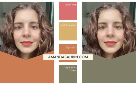 Palette de colorimétrie brune pour des yeux marrons. La femme porte un rouge à lèvres "Capuccino".