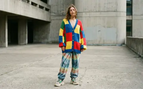Jeune femme portant un gilet coloré style oversize et un pantalon tie-dye, devant un bâtiment en béton.
