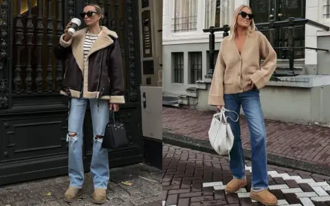 Deux femmes portent des tenues décontractées avec des jeans et des chaussures confortables. L'une a une veste aviateur marron et l'autre un cardigan beige. La tenue avec ugg noir est une option stylée pour l'automne.