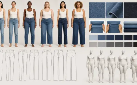 Six mannequins présentent différents modèles de jeans, accompagnés d'échantillons de tissus et de croquis. Le style de jean varie, du slim au large.