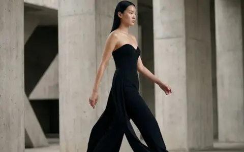 Mannequin portant une combinaison noire bustier, avec des jambes évasées. Quelles chaussures avec une combinaison noire ? Des talons fins pour allonger la silhouette.