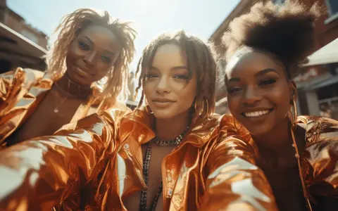Trois amies radieuses, parées de vestes dorées brillantes, capturent un selfie en plein soleil. Ambiance garantie pour une **soirée année 2000** !