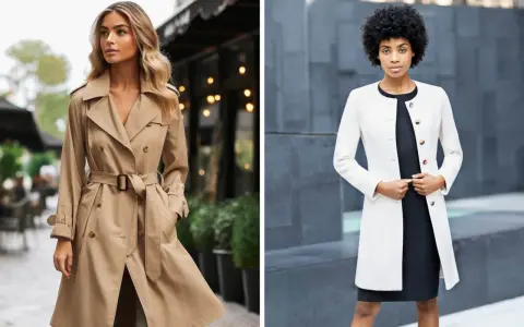 Deux femmes portent des manteaux élégants. L'une est en trench beige classique, l'autre en manteau blanc chic.