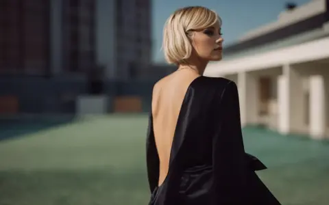 Une femme au style glamour, dos nu dans une robe noire satinée, pose devant un bâtiment moderne.