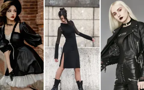 Trois femmes arborent un style gothique moderne : une en robe victorienne noire et blanche, une en robe noire fendue et résille, et une en perfecto, t-shirt résille et pantalon lacé.