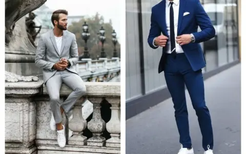 Un homme en costume bleu marine et baskets blanches, prêt pour une journée élégante mais décontractée.